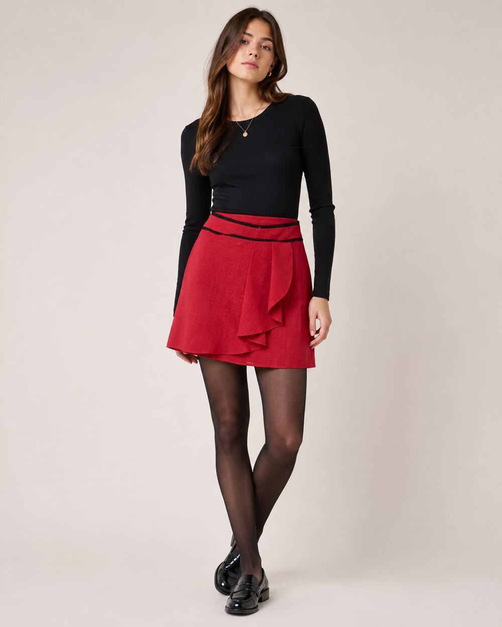 Corey Lynn Calter Red Ruffled Wool Blend Mini Skirt Womens 8 Academia Dressy